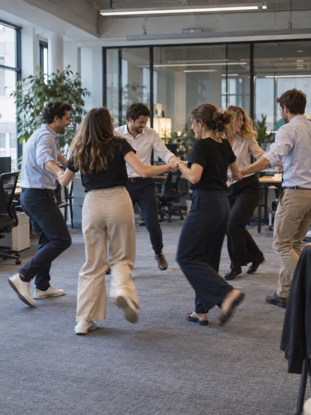 Un gruppo di colleghi balla in cerchio, tenendosi per mano, in un ufficio open space
